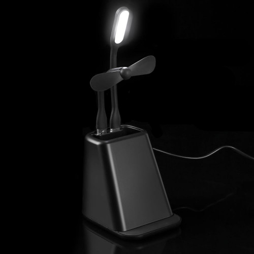 Настольный органайзер с зарядкой, лампой, вентилятором и подсветкой логотипа powerTower, черный